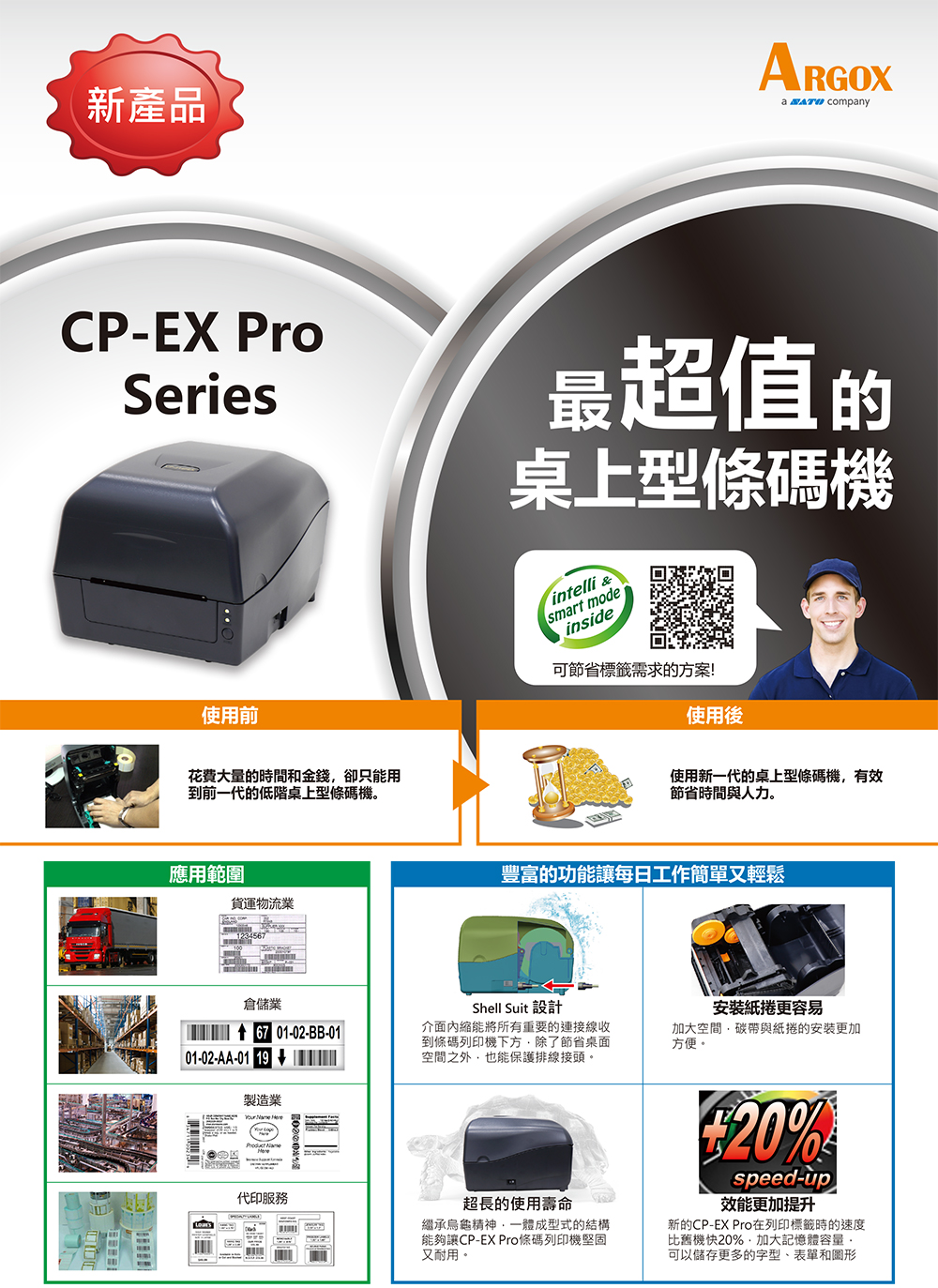 新產品ARGOXa  companyCP-EX ProSeries使用前最超值的桌上型條碼機intelli &smart modeinside可節省標籤需求的方案!花費大量的時間和金錢卻只能用到前一代的低階桌上型條碼機應用範圍物流業倉儲業67 01-02-BB-0101-02-AA-01 19製造業使用後使用新一代的桌上型條碼機有效節省時間與人力。豐富的功能讓每日工作簡單又輕鬆Shell Suit 設計介面內縮能將所有重要的連接線收到條碼列印機下方除了節省桌面空間之外,也能保護排線接頭。安裝更容易加大空間,碳帶與紙捲的安裝更加方便。代印服務超長的使用壽命繼承烏龜精神,一體成型式的結構能夠讓CP-EX Pro條碼列印機堅固又耐用。20%speed-效能更加提升新的CP-EX Pro在列印標籤時的速度比舊機快20%,加大記憶體容量。可以儲存更多的字型表單和圖形