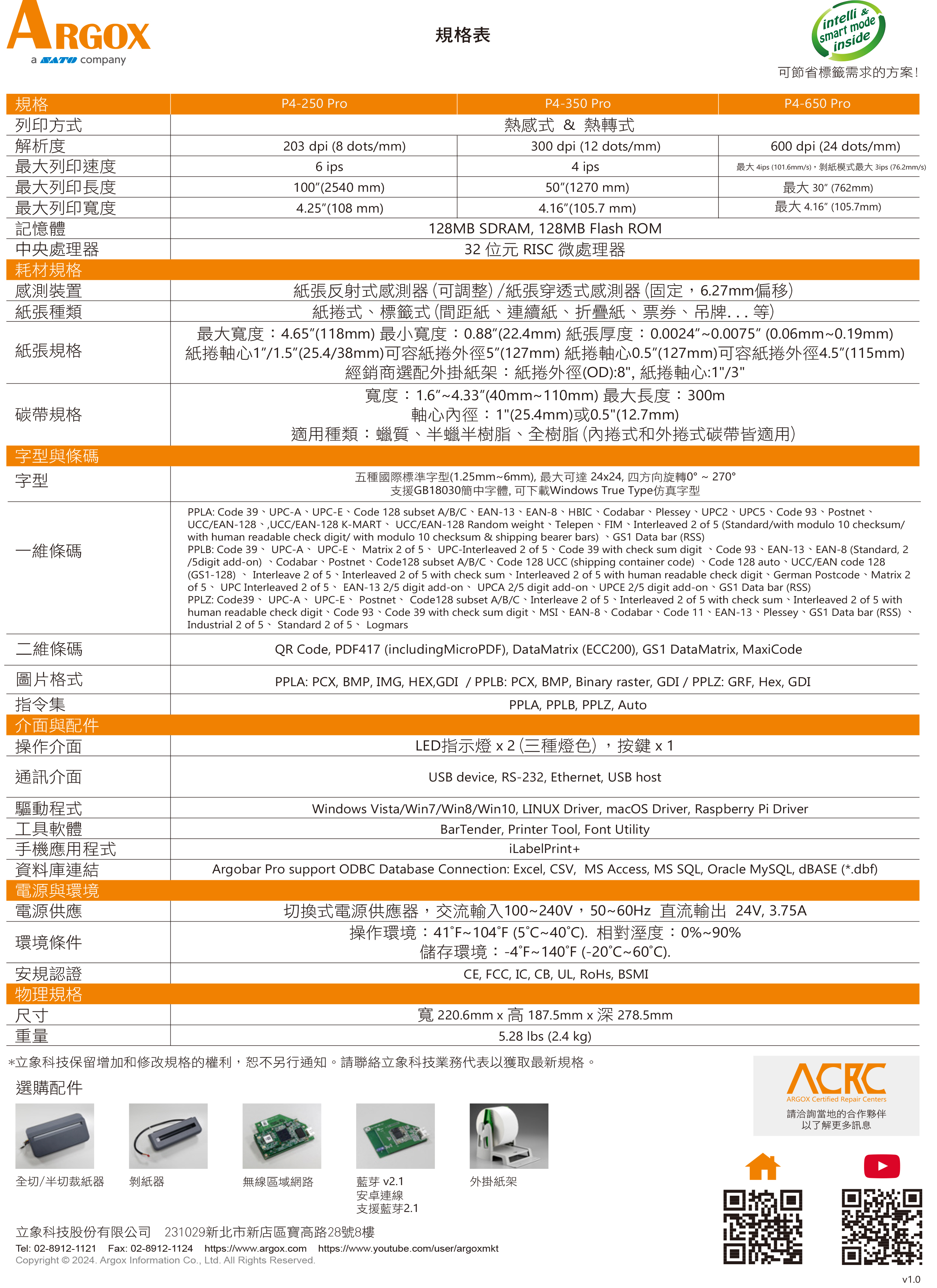 ARGOX  company規格表intelli &smart modeinside可節省標籤需求的方案!P4-65 Pro50(1270 mm)416 (1057 mm)規格列印方式P4-250 ProP4-350 Pro熱感式 & 熱轉式解析度203 dpi (8 dots/mm)最大列印速度最大列印長度6 ips100 (2540 mm)300 dpi (12 dots/mm)4 ips最大列印寬度記憶體4.25 (108 mm)中央處理器耗材規格感測裝置紙張種類紙張規格碳帶規格字型與條碼字型128MB SDRAM 128MB Flash ROM32 位元 RISC 微處理器600 dpi (24 dots/mm)最大 4ips (101.6mm/s),剝紙模式最大 3ips (76.2mm/s)最大 30 (762mm)最大 4.16 (105.7mm)紙張反射式感測器 (可調整) /紙張穿透式感測器(固定,6.27mm偏移)紙捲式標籤式(間距紙連續紙折疊紙票券吊牌等)最大寬度:4.65(118mm) 最小寬度:0.88(22.4mm) 紙張厚度:0.0024~0.0075 (0.06mm~0.19mm)紙捲軸心1/1.5(25.4/38mm)可容紙捲外徑5(127mm) 紙捲軸心0.5(127mm)可容紙捲外徑4.5(115mm)經銷商選配外掛紙架:紙捲外徑(OD):8,紙捲軸心:1/3寬度:1.6~4.33(40mm~110mm) 最大長度:300m軸心內徑:1(25.4mm)或0.5(12.7mm)適用種類:蠟質、半蠟半樹脂、全樹脂 (內捲式和外捲式碳帶皆適用)五種國際標準字型(1.25mm~6mm), 最大可達 24x24, 四方向旋轉0~270支援GB18030簡中字體, 可下載Windows True Type仿真字型一維條碼二維條碼圖片格式指令集介面與配件操作介面通訊介面驅動程式工具軟體手機應用程式資料庫連結電源與環境電源供應環境條件安規認證物理規格尺寸重量PPLA: Code 39、UPC-A、UPC-E、Code 128 subset A/B/C、EAN-13、EAN-8、HBIC、Codabar、Plessey、UPC2、UPC5、Code 93PostnetUCC/EAN-128、,UCC/EAN-128 K-MART、UCC/EAN-128 Random weight、Telepen、FIM、Interleaved 2 of 5 (Standard/with modulo 10 checksum/with human readable check digit/ with modulo 10 checksum & shipping bearer bars)、GS1 Data bar (RSS)、EAN-8 (Standard, 2PPLB: Code 39、UPC-A、UPC-E、 Matrix 2 of 5、 UPC-Interleaved 2 of 5、Code 39 with check sum digit、Code 93、EAN-13/5digit add-on)、Codabar、Postnet、Code128 subset A/B/C、Code 128 UCC (shipping container code) Code 128 auto、UCC/EAN code 128(GS1-128)、Interleave 2 of 5、Interleaved 2 of 5 with check sum、Interleaved 2 of 5 with human readable check digit、German Postcode、Matrix 2of 5、 UPC Interleaved 2 of 5、 EAN-13 2/5 digit add-on、UPCA 2/5 digit add-on、UPCE 2/5 digit add-on、GS1 Data bar (RSS)PPLZ: Code39、UPC-A、UPC-E、Postnet. 、Code128 subset A/B/C、Interleave 2 of 5、Interleaved 2 of 5 with check sum、Interleaved 2 of 5 withhuman readable check digit、Code 93、Code 39 with check sum digit、MSI、EAN-8、Codabar、Code 11 EAN-13、Plessey、GS1 Data bar (RSS) 、Industrial 2 of 5、Standard 2 of 5、Logmars、QR Code, PDF417 (includingMicroPDF), DataMatrix (ECC200), GS1 DataMatrix, MaxiCodePPLA: PCX, BMP, IMG, HEX,GDI / PPLB: PCX, BMP, Binary raster, GDI/PPLZ: GRF, Hex, GDIPPLA, PPLB, PPLZ, AutoLED指示燈 x 2 (三種燈色),按鍵x1USB device, RS-232, Ethernet, USB hostWindows Vista/Win7/Win8/Win10, LINUX Driver, macOS Driver, Raspberry Pi DriverBarTender, Printer Tool, Font UtilityiLabelPrint+Argobar Pro support ODBC Database Connection: Excel, CSV, MS Access, MS SQL, Oracle MySQL, dBASE (.dbf)切換式電源供應器,交流輸入100~240V,50~60Hz 直流輸出 24V,3.75A操作環境:41~104 (5~40). 相對溼度:0%~90%儲存環境:-4°F~140°F (-20~60℃).CE, FCC, IC, CB, UL, RoHs, BSMI寬 220.6mm x  187.5mm x 深 278.5mm5.28 lbs (2.4 kg)*象科技保留增加和修改規格的權利,恕不另行通知。請聯絡立象科技業務代表以獲取最新規格。選購配件全切/半切裁紙器 剝紙器無線區域網路藍芽 v2.1外掛紙架安卓連線支援藍芽2.1立象科技股份有限公司 231029新北市新店區寶高路28號8樓Tel: 02-8912-1121 Fax: 02-8912-1124 https://www.argox.com https://www.youtube.com/user/argoxmktCopyright © 2024. Argox Information Co., Ltd. All Rights Reserved.ARGOX Certified Repair Centers請洽詢當地的合作夥伴以了解更多訊息v1.0