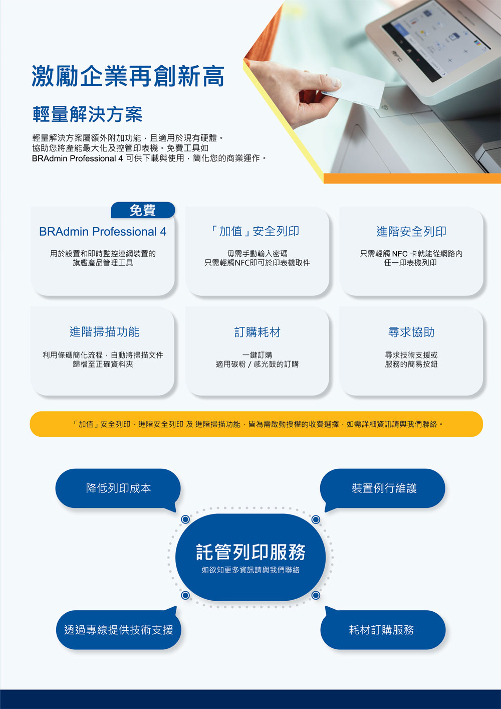 激勵企業再創新高輕量解決方案輕量解決方案屬額外附加功能且適用於現有硬體。協助您將產能最大化及控管印表機。免費工具如BRAdmin Professional 4 可供下載與使用簡化您的商業運作。免費BRAdmin Professional 4「加值」安全列印進階安全列印用於設置和即時監控連網裝置的旗艦產品管理工具毋需手動輸入密碼只需輕觸NFC即可於印表機取件只需輕觸 NFC 卡就能從網路任一印表機列印進階掃描功能訂購耗材尋求協助利用條碼簡化流程,自動將掃描文件一鍵訂購尋求技術支援或歸檔至正確資料夾適用碳粉/感光鼓的訂購服務的簡易按鈕「加值」安全列印、進階安全列印及進階掃描功能,皆為需啟動授權的收費選擇,如需詳細資訊請與我們聯絡。降低列印成本透過專線提供技術支援託管列印服務如欲知更多資訊請與我們聯絡裝置例行維護耗材訂購服務