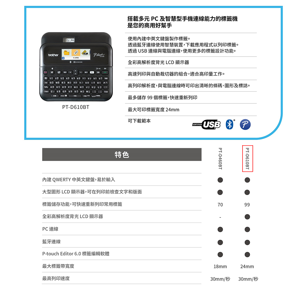brother搭載多元 C 及智慧型手機連線能力的標籤機是您的商用好使用內建中英文鍵盤製作標籤。透過藍牙連線使用智慧裝置,下載應用程式以列印標籤。透過USB 連線與電腦連線,使用更多的標籤設計功能。全彩高解析度背光 LCD 顯示器高速列印與自動裁切器的組合,適合高印量工作。高列印解析度,與電腦連線時可印出清晰的條碼、圖形及標誌。    PT-D610BT最多儲存 99個標籤,快速重新列印最大可印標籤 24mm可下載範本特色內建 QWERTY 中英文鍵盤,易於輸入USB PPT-D460BT PT-D610BT|大型圖形 LCD 顯示器,可在列印前檢查文字和版面標籤儲存功能,可快速重新列印常用標籤7099全彩高解析度背光 LCD 顯示器PC連線藍牙連線P-touch Editor 6.0 標籤編輯軟體最大標籤帶寬度最高列印速度18mm24mm30mm/秒 30mm/秒
