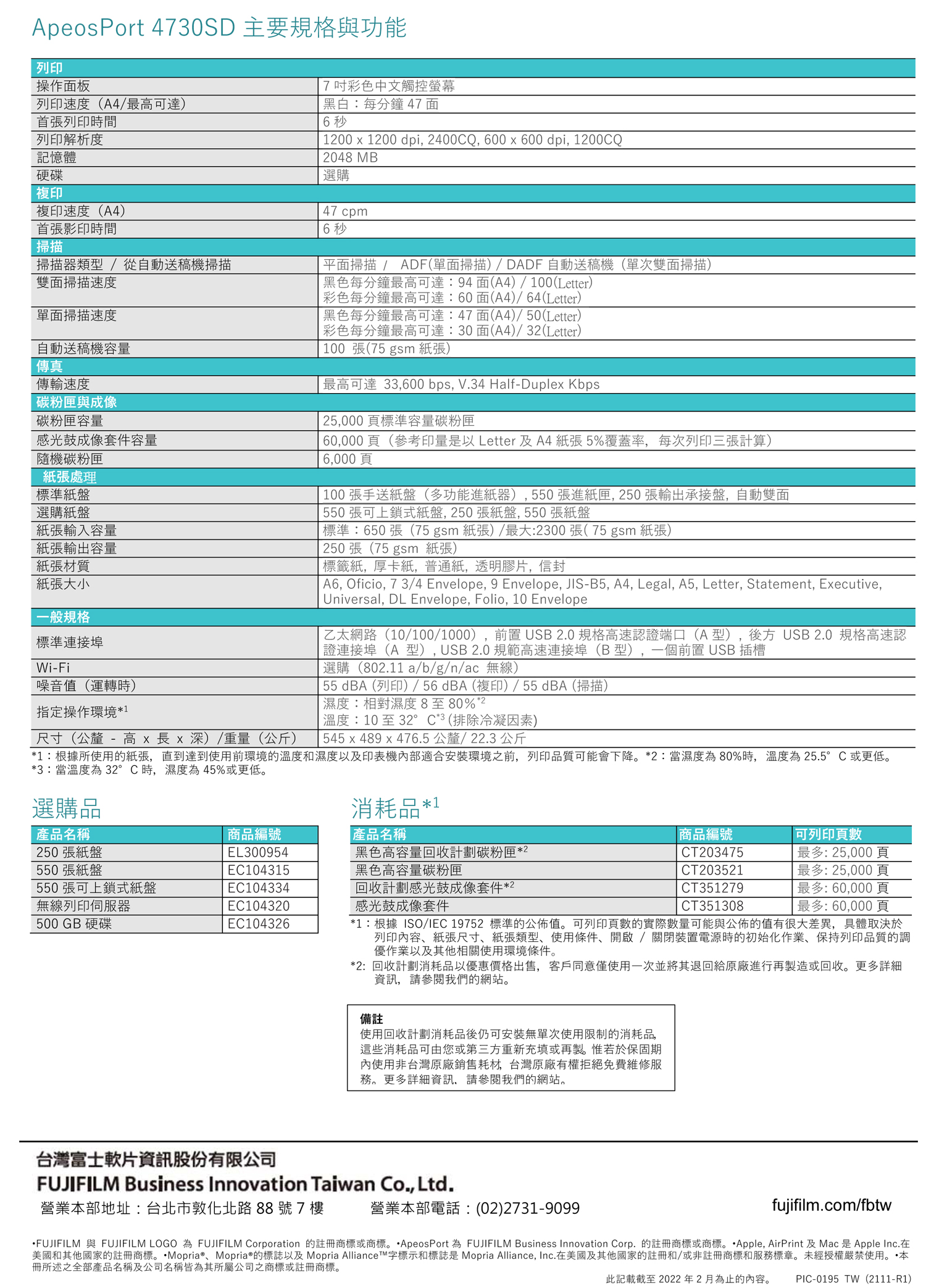 ApeosPort 470SD 主要規格與功能列印操作板列印速度(A4最可達)首張列印時間列印解析度記憶體硬碟複印複印速度(A4)張影印時間掃描掃描器類型/從自動送稿機掃描雙面掃描速度單面掃描速度自動送稿機容量傳真傳輸速度碳粉匣與成像碳粉匣容量感光鼓成像套件容量隨機碳粉匣紙張處理標準紙盤選購紙盤紙張輸入容量紙張輸出容量紙張材質紙張大小一般規格標準連接埠Wi-Fi噪音值(運轉時)指定操作環境*1尺寸(公釐- 高    深)/重量(公斤)7彩色中文觸控螢幕黑白:每分鐘 47 面6秒 1200  1200 dpi, 2400CQ, 600  600 dpi, 1200CQ2048 MB選購47 cpm6秒平面掃描 / ADF(單面掃描)/DADF 自動送稿機(單次雙面掃描)黑色每分鐘最高可達:94面(A4)/100(Letter)彩色每分鐘最高可達:60面(A4)/64(Letter)黑色每分鐘最高可達:47面(A4)/50(Letter)彩色每分鐘最高可達:30面(A4)/32(Letter)100 張(75 gsm 紙張)最高可達33,600 bps, V.34 Half-Duplex Kbps25,000頁標準容量碳粉匣60,000頁(參考印量是以 Letter 及A4紙張5%覆蓋率,每次列印三張計算)6,000頁100 張手送紙盤(多功能進紙器),550張進紙匣,250張輸出承接盤,自動雙面550張可上鎖式紙盤,250張紙盤,550張紙盤標準:650張(75 gsm 紙張)/最大:2300 張( 75 gsm 紙張)250張(75 gsm 紙張)標籤紙,厚卡紙,普通紙,透明膠片,信封 A6, Oficio, 73/4 Envelope, 9 Envelope, JIS-B5, A4, Legal, A5, Letter, Statement, Executive,Universal, DL Envelope, Folio, 10 Envelope乙太網路(10/100/1000),前置USB2.0 規格高速認證端口(A型),後方 USB 2.0 規格高速認證連接埠(A型), USB 2.0規範高速連接埠(B型),一個前置 USB 插槽選購(802.11a/b/g/n/ac 無線) 55 dBA (列印) / 56 dBA (複印)/55dBA(掃描)濕度:相對濕度8至80%*2 溫度:10至32°C*3(排除冷凝因素)545 x 489 x 476.5公釐/22.3 公斤*1:根據所使用的紙張,直到達到使用前環境的溫度和濕度以及印表機部適合安裝環境之前,列印品質可能會下降*2:當濕度為80%時,溫度為25.5°C或更低。*3:當溫度為32°C時,濕度為45%或更低。選購品消耗品*1產品名稱250 張紙盤商品編號產品名稱EL300954黑色高容量回收計劃碳粉匣*2550張紙盤EC104315黑色高容量碳粉匣550 張可上鎖式紙盤EC104334無線列印伺服器EC104320回收計劃感光鼓成像套件*2感光鼓成像套件500GB 硬碟EC104326商品編號CT203475CT203521CT351279CT351308可列印頁數最多:25,000頁最多:25,000頁最多:60,000頁最多:60,000頁*1:根據ISO/IEC 19752 標準的公佈值。可列印頁數的實際數量可能與公佈的值有很大差異,具體取決於列印內容紙張尺寸、紙張類型、使用條件、開啟/關閉裝置電源時的初始化作業、保持列印品質的調優作業以及其他相關使用環境條件。*2: 回收計劃消耗品以優惠價格出售,客戶同意僅使用一次並將其退回給原廠進行再製造或回收。更多詳細資訊,請參閱我們的網站。備註使用回收計劃消耗品後仍可安裝無單次使用限制的消耗品,這些消耗品可由您或第三方重新充填或再製。惟若於保固期內使用非台灣原廠銷售耗材,台灣原廠有權拒絕免費維修服務。更多詳細資訊,請參閱我們的網站。台灣富士軟片資訊股份有限公司FUJIFILM Business Innovation Taiwan , Ltd.營業本部地址:台北市敦化北路88號7樓營業本部電話:(02)2731-9099fujifilm.com/fbtwFUJIFILM 與 FUJIFILM LOGO 為 FUJIFILM Corporation 的註冊商標或商標。ApeosPort 為 FUJIFILM Business Innovation Corp. 的註冊商標或商標。 Apple, AirPrint 及Mac是 Apple Inc.在美國和其他國家的註冊商標。Mopria®、Mopria 的標誌以及Mopria Alliance™字標示和標誌是 Mopria Alliance, Inc.在美國及其他國家的註冊和/或非註冊商標和服務標章。未經授權嚴禁使用。本冊所述之全部產品名稱及公司名稱皆為其所屬公司之商標或註冊商標。此記載截至2022年2月為止的內容。PIC-0195 TW (2111-R1)